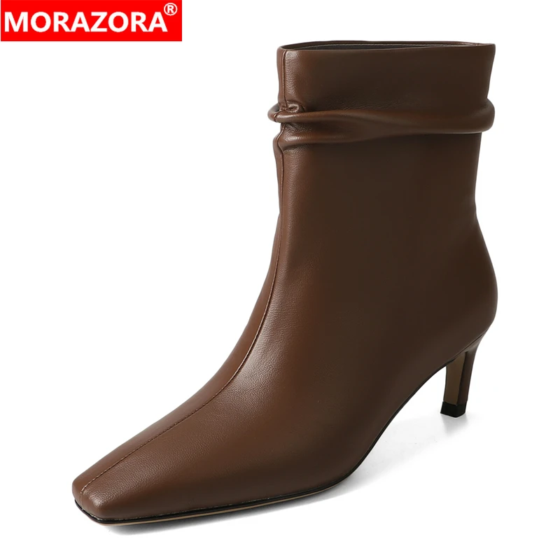 

MORAZORA 2024 New Genuine Leather Boots Women Shoes Zipper Simple High Heels Ankle Boots Autumn Winter Office Party Shoes