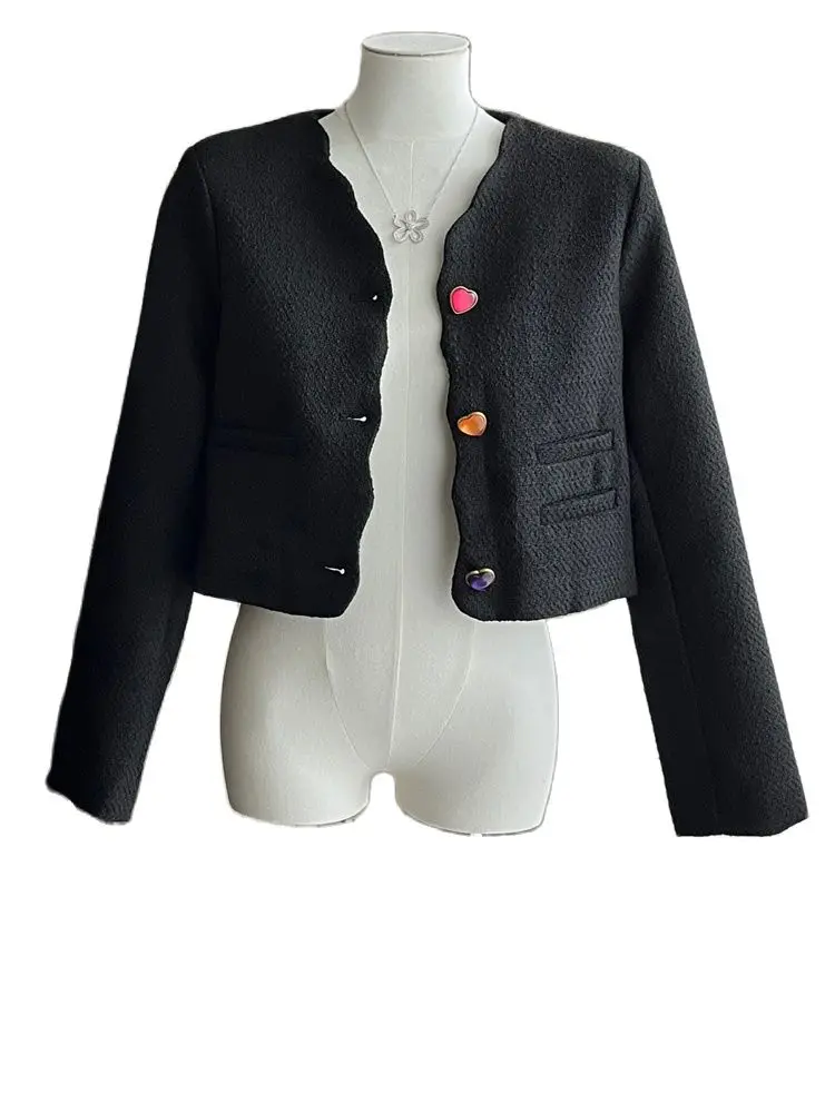 Autunno moda nero Tweed giacca corta cappotto per le donne scollo a V manica lunga monopetto Casual Cardigan capispalla femminile