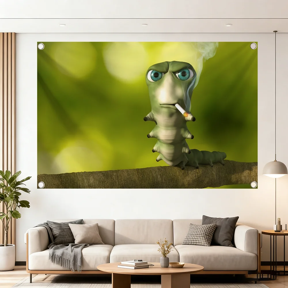 Funny cartoon caterpillar smoking meme Q flag Decoration Outdoor Picnic Party Art Hanging Home Camping Party Banner Best sellers