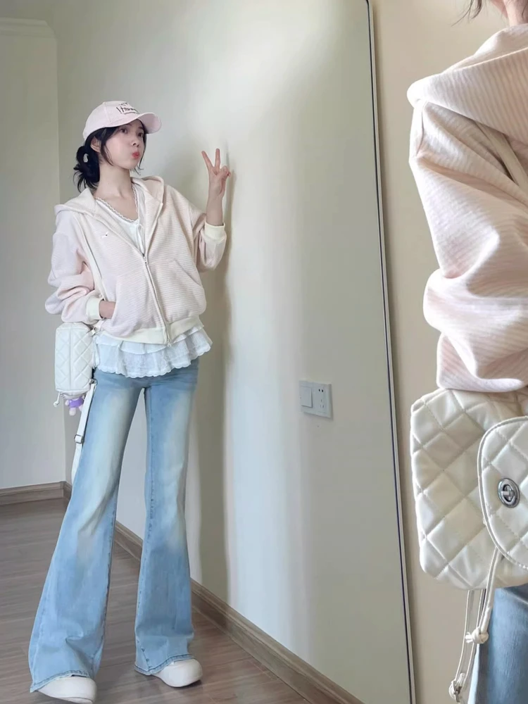 

Корейский студенческий Sle, повседневный свободный универсальный длинный женский свитер на молнии, кардиган, осенне-зимний полосатый свитер с капюшоном...