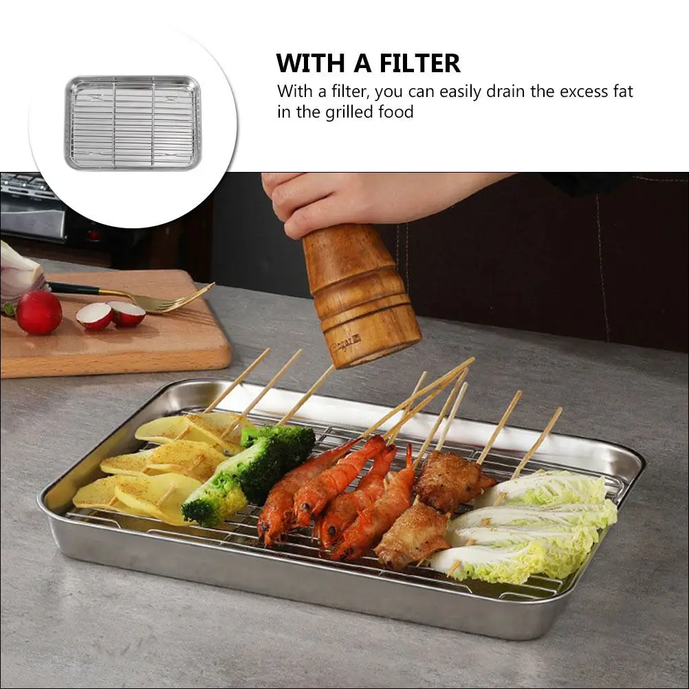 1Pcs Stainless Steel Grill Plate Heavy Duty Barbecue Tray with Fat Drain Filter Suitable for Home Kitchen Bakeware