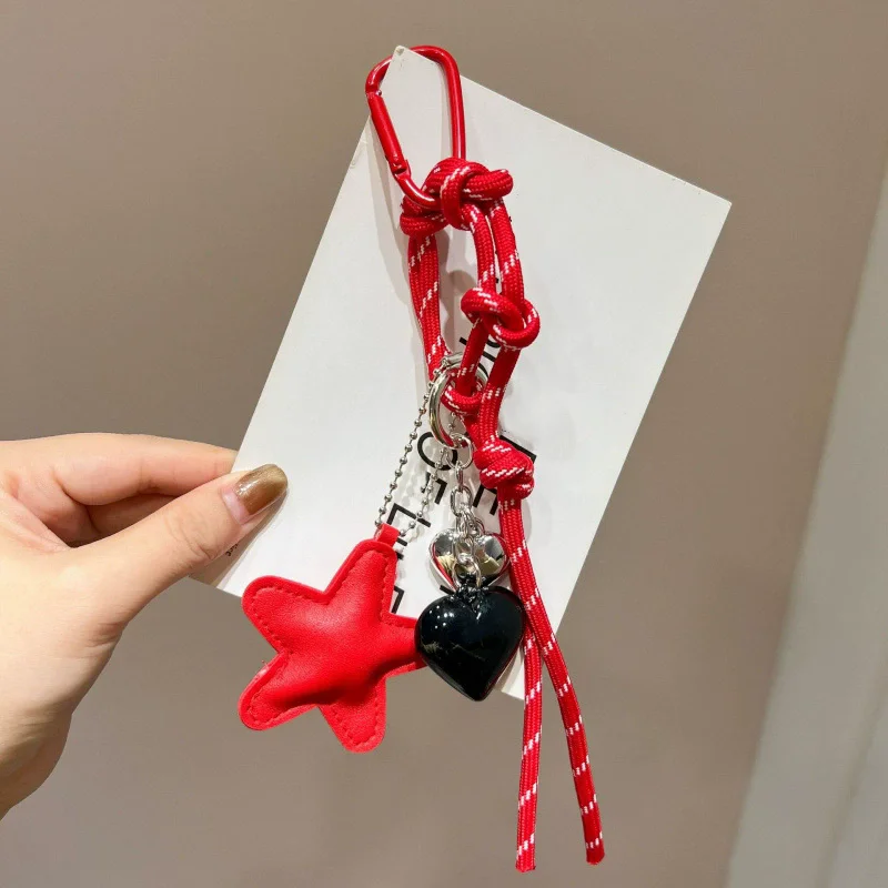 PU Leather Five Pointed Star Bag Pendant Woven Rope Hanging Leather Star Keychain Trinket Ins Star and Heart Pendant