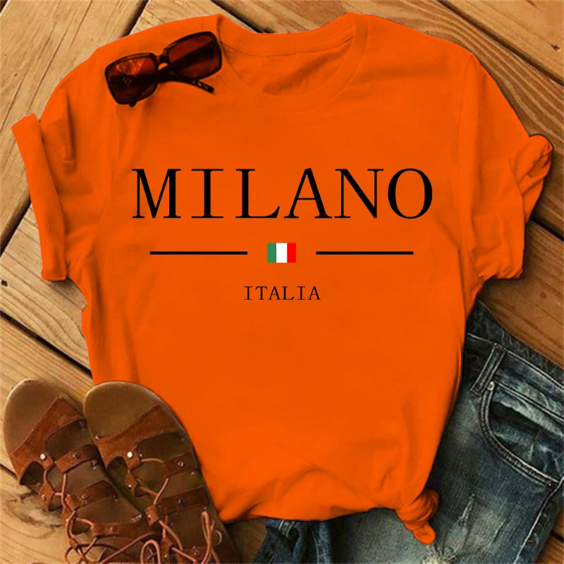 2023 Brand Women\'s Summer Milano Letters Print Y2k T-shirt Ladies Short Sleeved Luxury Tees Clothing Loose Pure Cotton Soft Tops