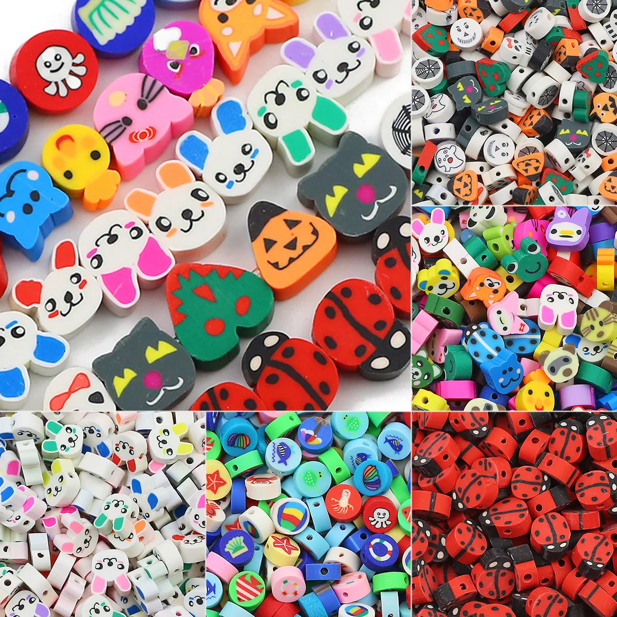 100/50Pcs Cartoon Animal Mix Beads rabbit shark ladybug crab kitten starfish spider Loose Beads for Jewelry Making Bracelet DIY