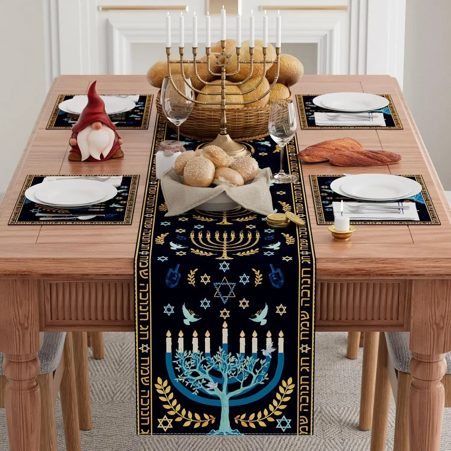 Hanukkah Menorah Doves Hexagram Table Runner Jewish Holiday Decor Reusable Chanukah Kitchen Dining Table Runner Hanukkah Decor