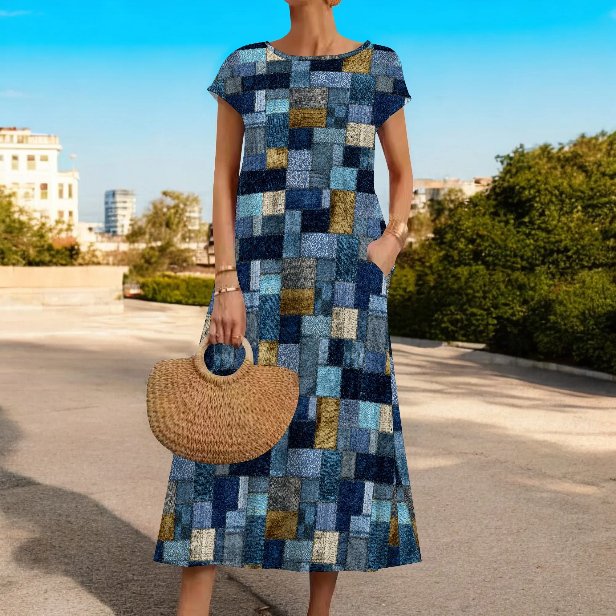 Feminino verão 2025 casual manga curta em camadas flowy primavera vestido longo midi praia vestido de férias roupas