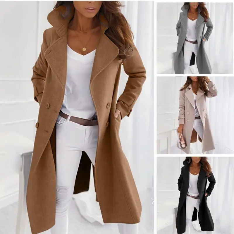 Autumn and Winter Woolen Elegant Casual Women's Long Standing Collar Single Row Multi Button Coat Wish with Lining