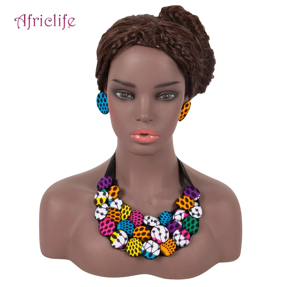 

Handmade African Wax Buttons Bib Necklaces Set Matching Earrings Jewelry Ankara Cover Bib Body Accessories Neck Candy WYB830