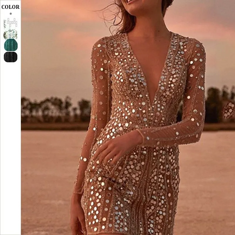 2025 New Women's Long Sve Deep V See tough Dr Gold Sprinkled Dr Ele Evening Gown for KTV Ocns