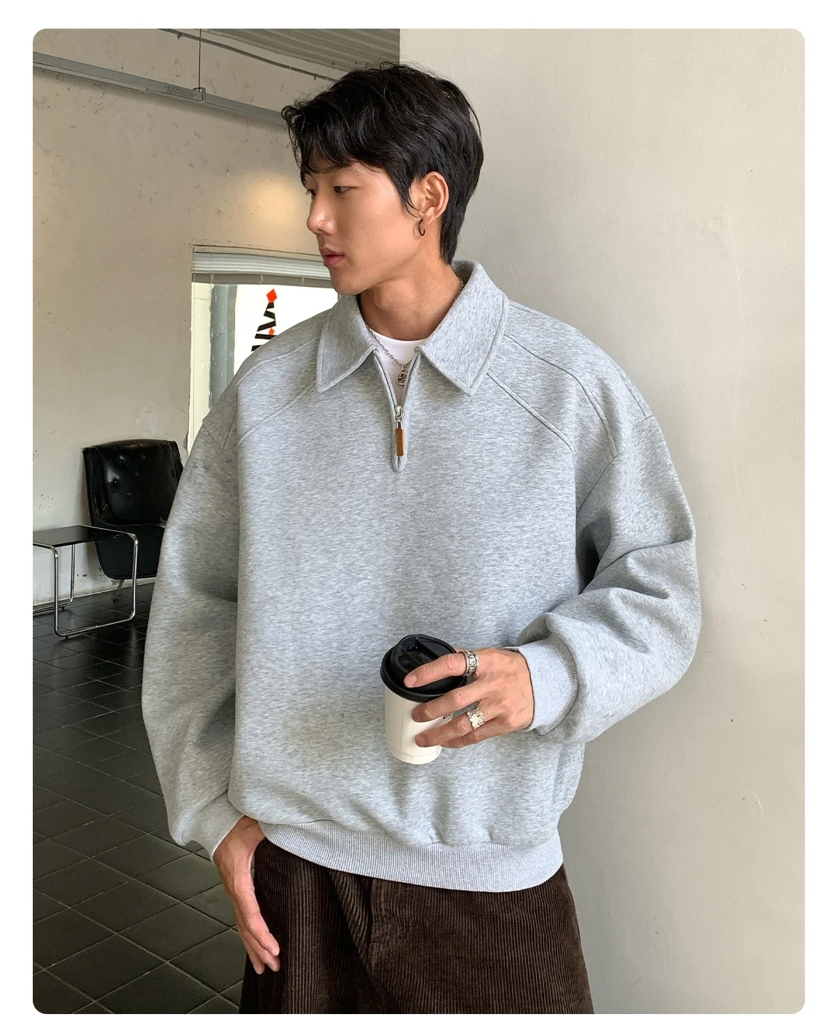 TFETTERS Eu Size 2026 Men Half Zip Collared Sweatshirt Autumn Heather Gray Pullover Loose Fit Casual Daily Long Sleeve Sweat Top