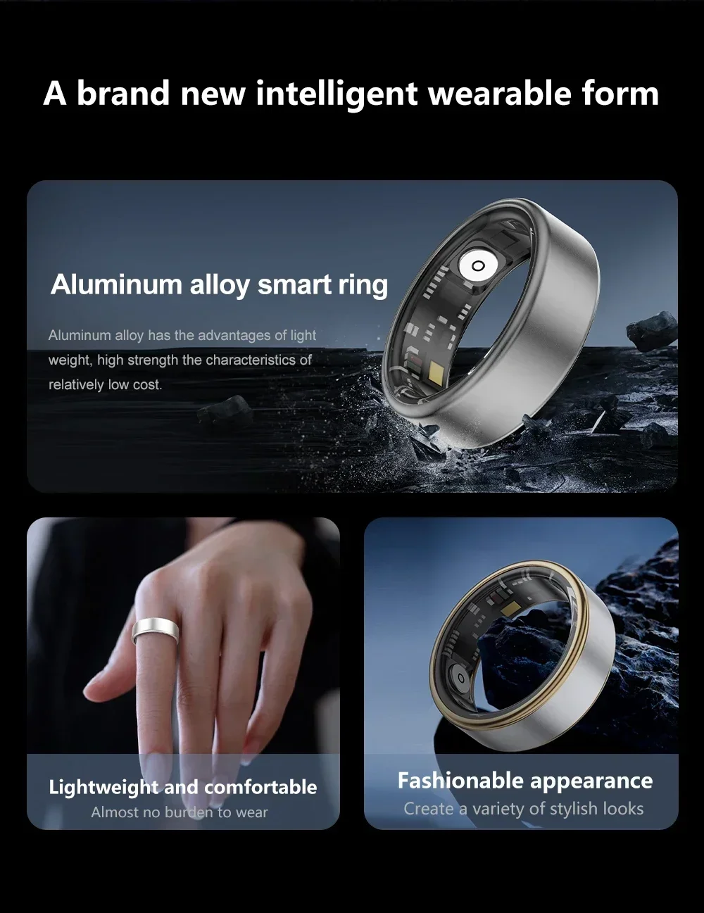 Luxury SR06 Aluminum Alloy Smart Ring Heart Rate Blood Oxygen Sleep Health Monitoring IP68&5ATM Waterproof Multiple Sports Modes