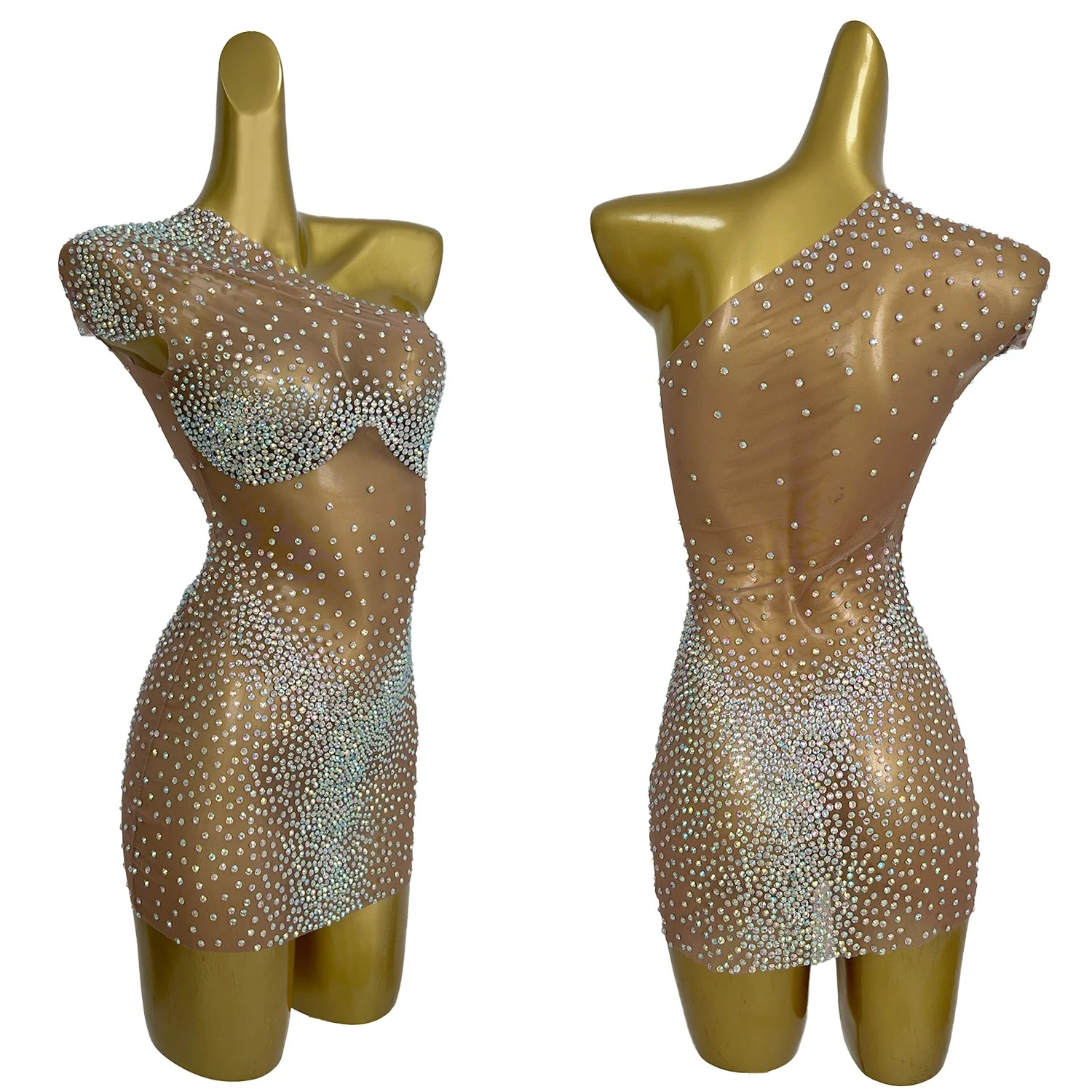 

Sparkly Crystals See Through Mesh Mini Dress Women Sexy Oblique Shoulder Evening Celebrate Birthday Dress Show Stage Wear Hujiao