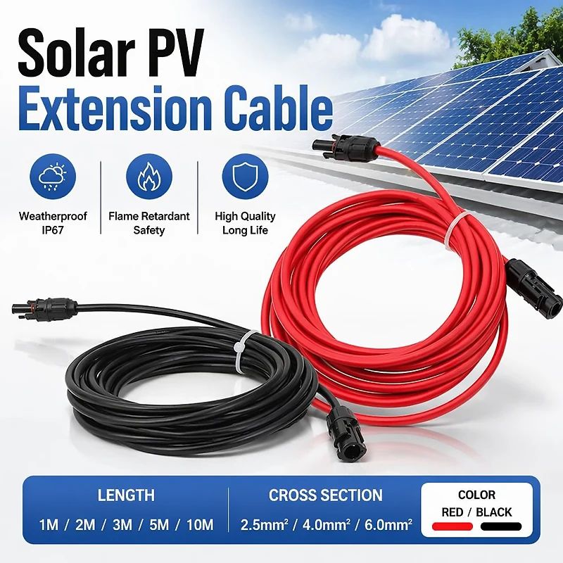 2.5 4 6mm2 PV Solar Wire 1 2 3 5 10M - Red Black Solar Extension Cable Double Ends Connector for Panel System