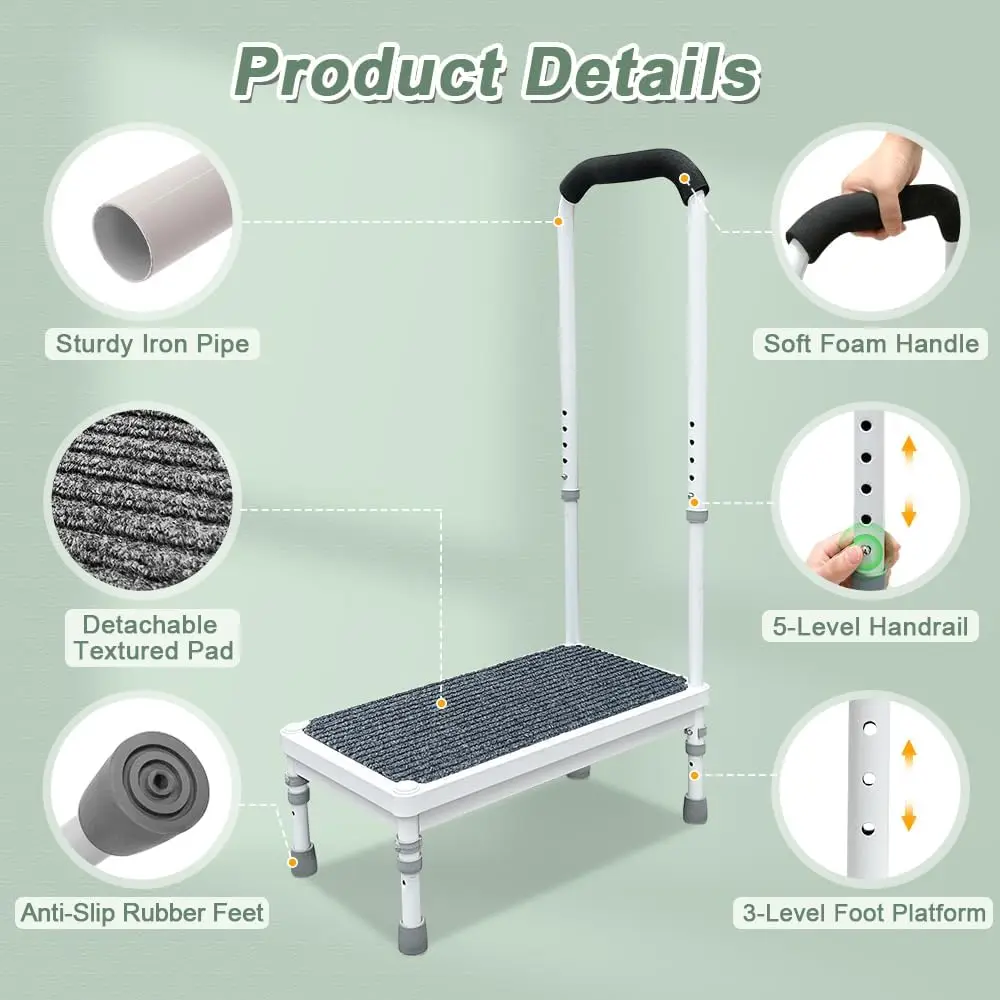 Step Stool with Handle Elderly Adults Bed Steps for High Beds Rails Adjustable Assist Bar Heavy Duty Stepping Stool