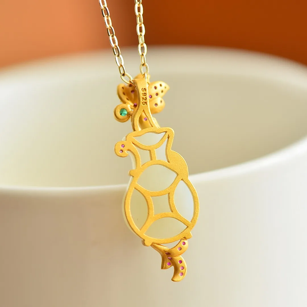 Hotan Jade Vase with Colored Pickaxe Pendant vase-shaped luxury natural beauty inlaid jade pendant women's jewelry high quality