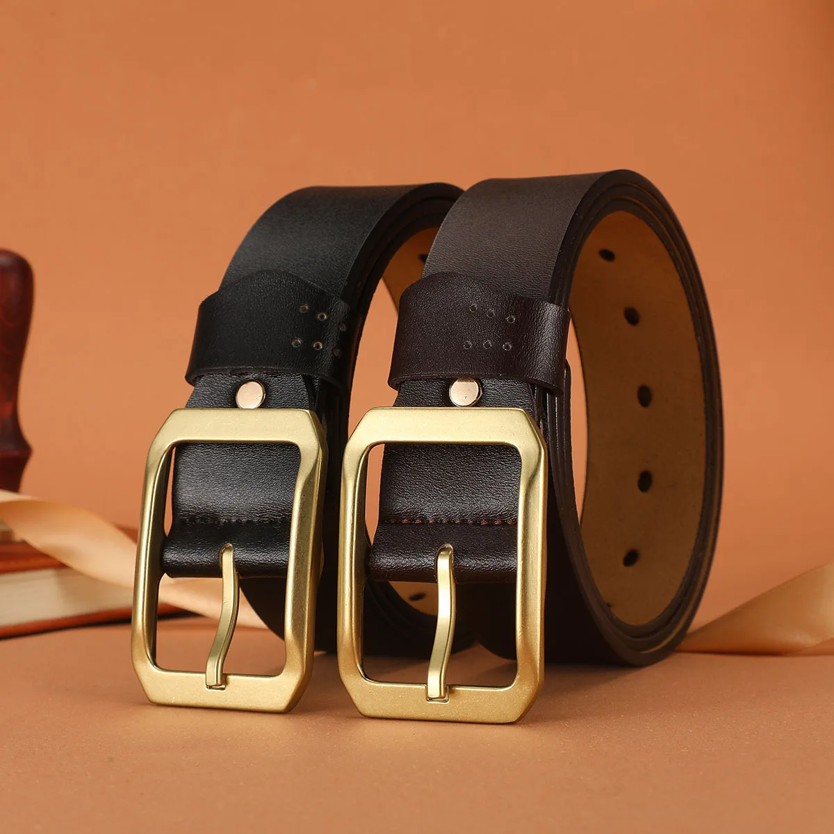 

Matte gold needle buckle belt, men's pure cowhide retro denim belt, extended oversized belt