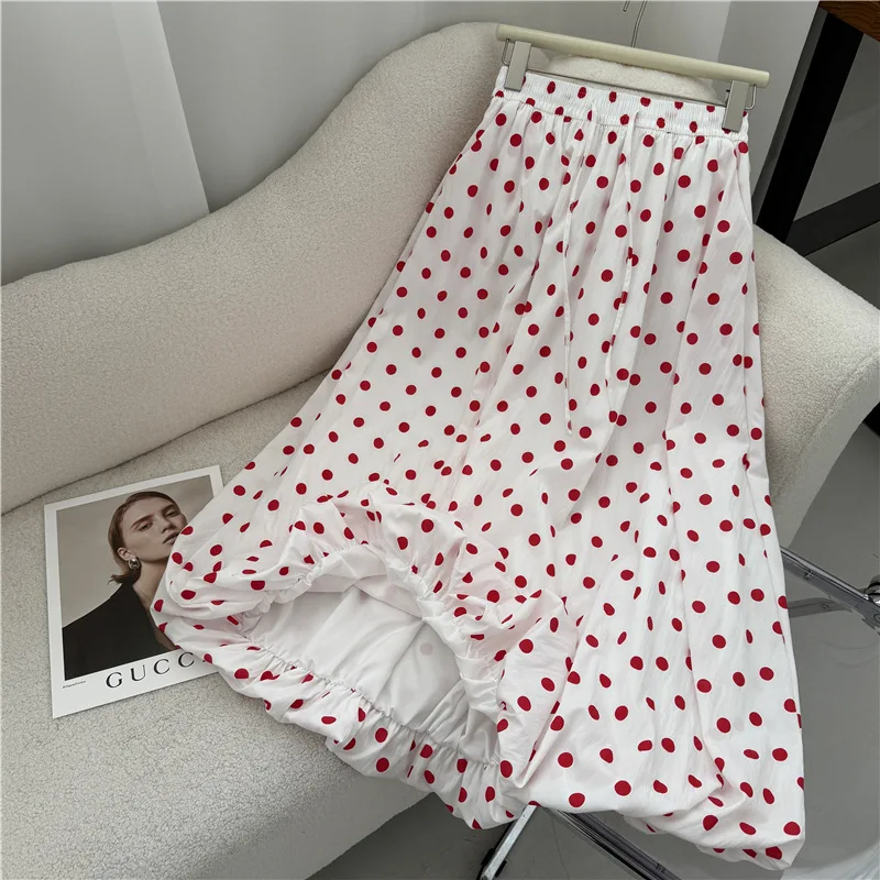 

Harajuku Vintage White Red Polka Dot Midi Skirt Elastic Waist Casual Summer Bud A-line Flowy Skirt Countryside Garden Outfits