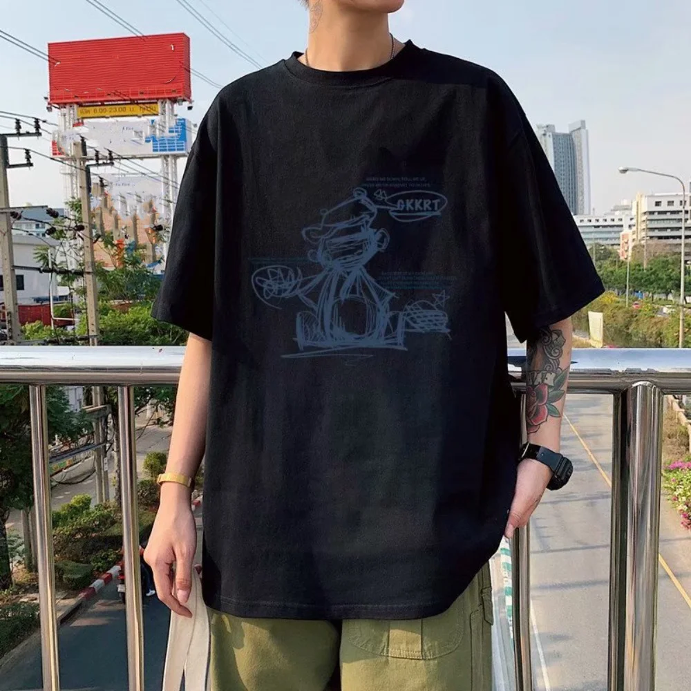 

Letter Cartoon Bear Printed T-shirt Oversized Loose Bear Short Sleeved Top Men's Shirt Ins Korean Style Streetwear Shirt Travel