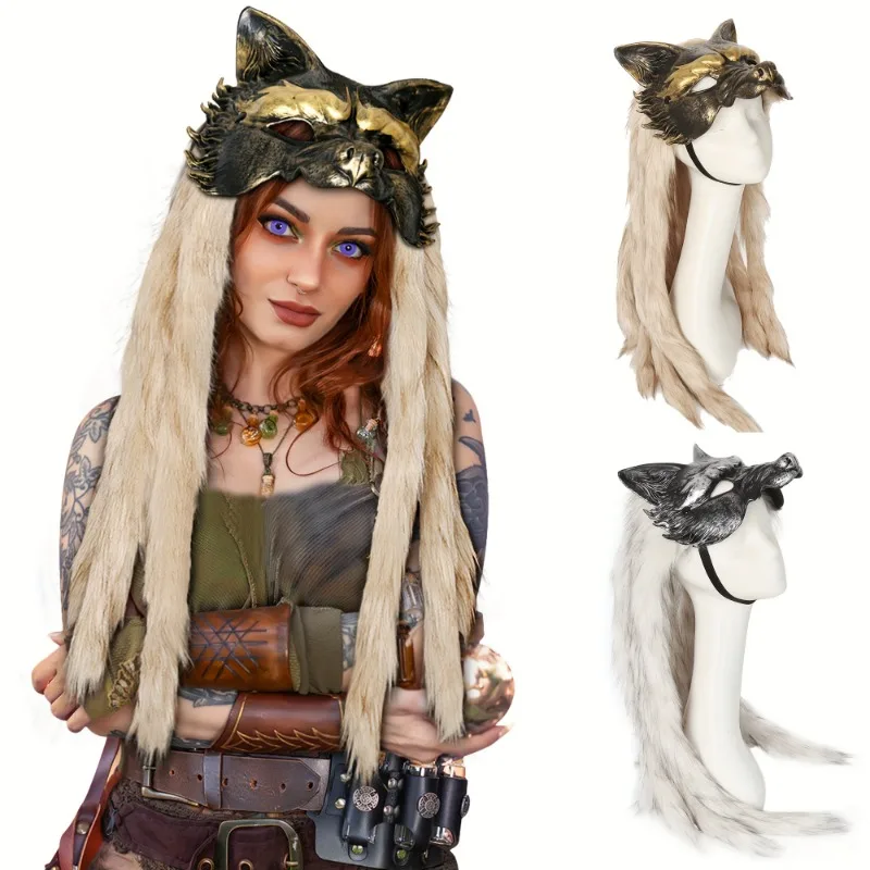 1PCS Long Tassel Plush Halloween Decor Wolf Shape Mask Retro Metal Texture Face Cover Halloween Stage Shooting Cosplay Accessory