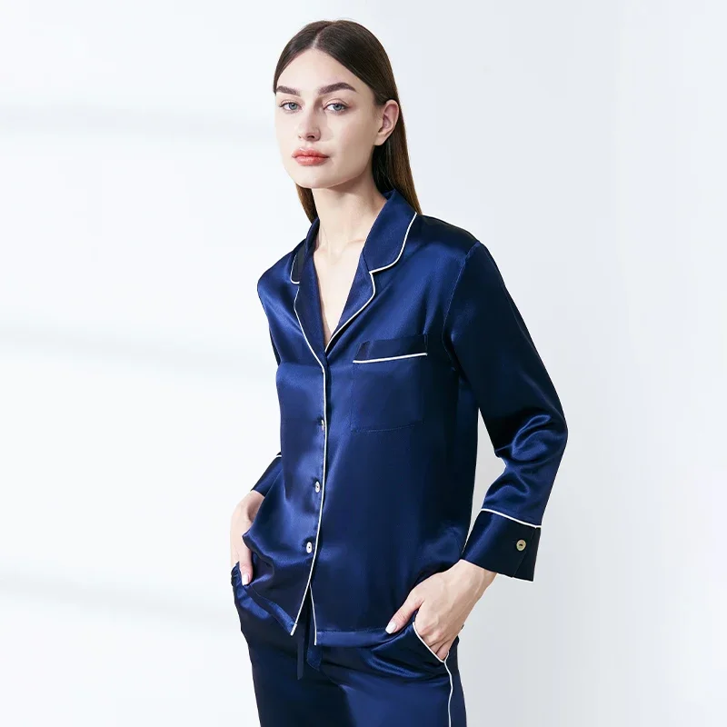 

Брюки с длинными рукавами из 100% тутового шелка, 22 мм, комплект одежды для сна, пижамы, однотонная домашняя одежда на пуговицах с лацканами, кардиган, пижама PJS