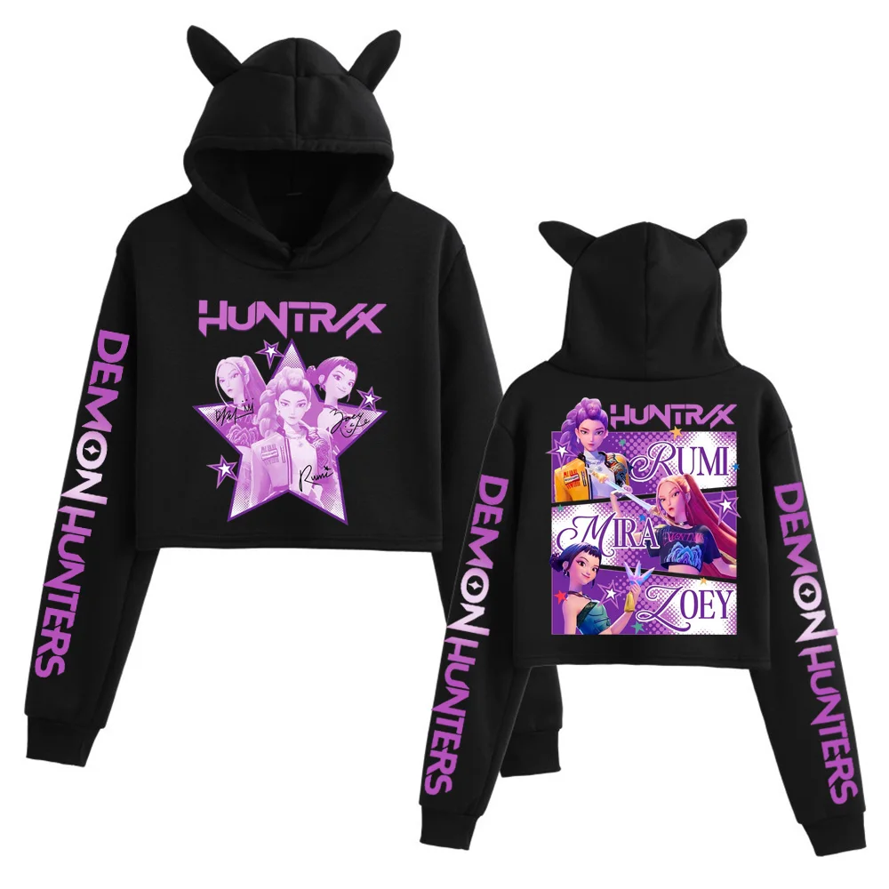 Kpop Demon Hunters Fanmerch Mira Rumi Zoey Huntrix Crop Tops Orelhas de Gato Moletom Manga Longa Meninas Moda Moletom Com Capuz