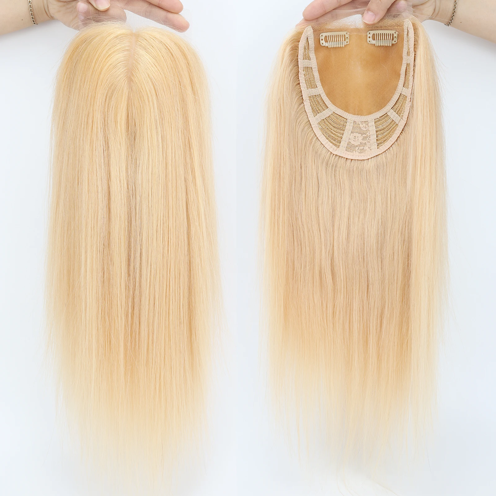 Silk Skin Base Topper with Lace Front #18 Ash Blonde Remy Human Hair Topper with Clips in Open Weft Silk Top Closure