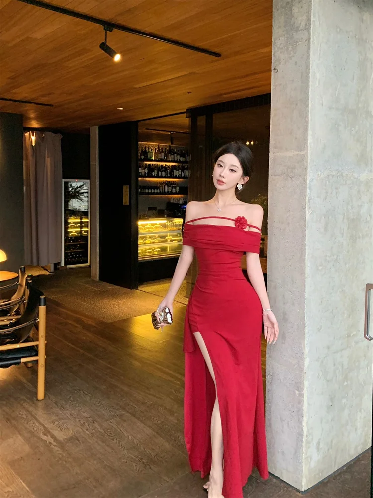 فستان مثير للحفلات على شاطئ البحر بدون حمالات على شكل زهرة للنساء أنيق بخصر نحيف وفتحة مكشوفة الأكتاف فستان أنيق برقبة مائلة باللون الأحمر #2