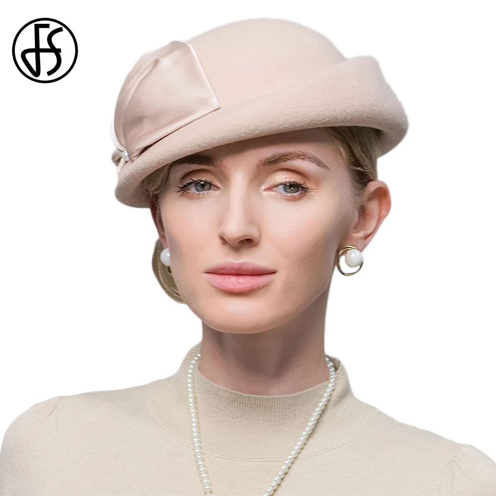 FS Winter Light Camel Wool Beret For Women Elegant Ladies Top Hats Luxury Fedora Vintage British Party Fascinator Millinery