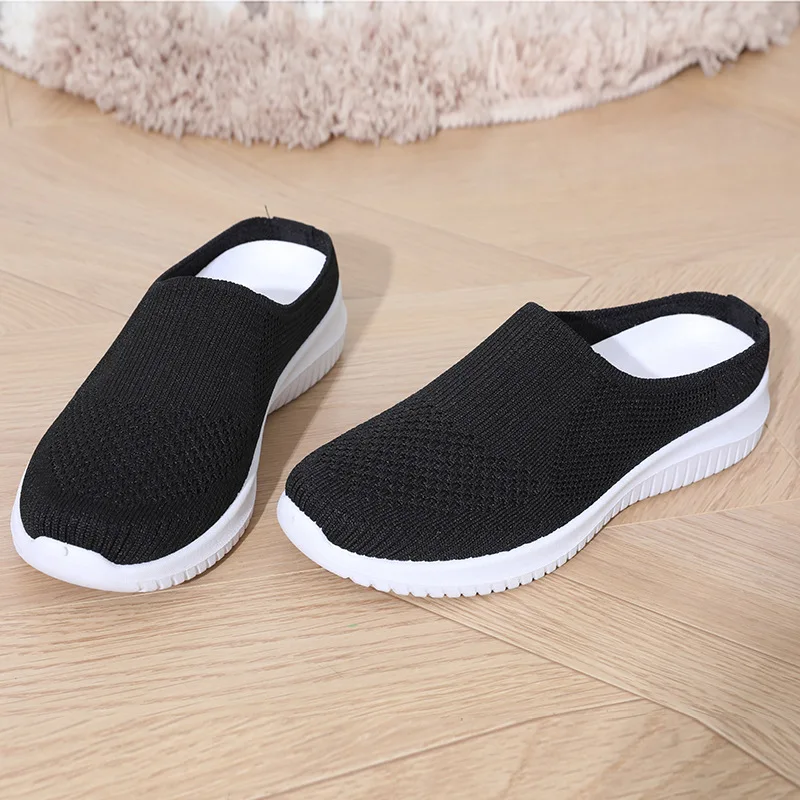 Women Breathable Knit Mules Slip On Backless Walking Shoes Soft Sole Elderly Mom Shoes Summer Mesh Comfort Casual Slippers