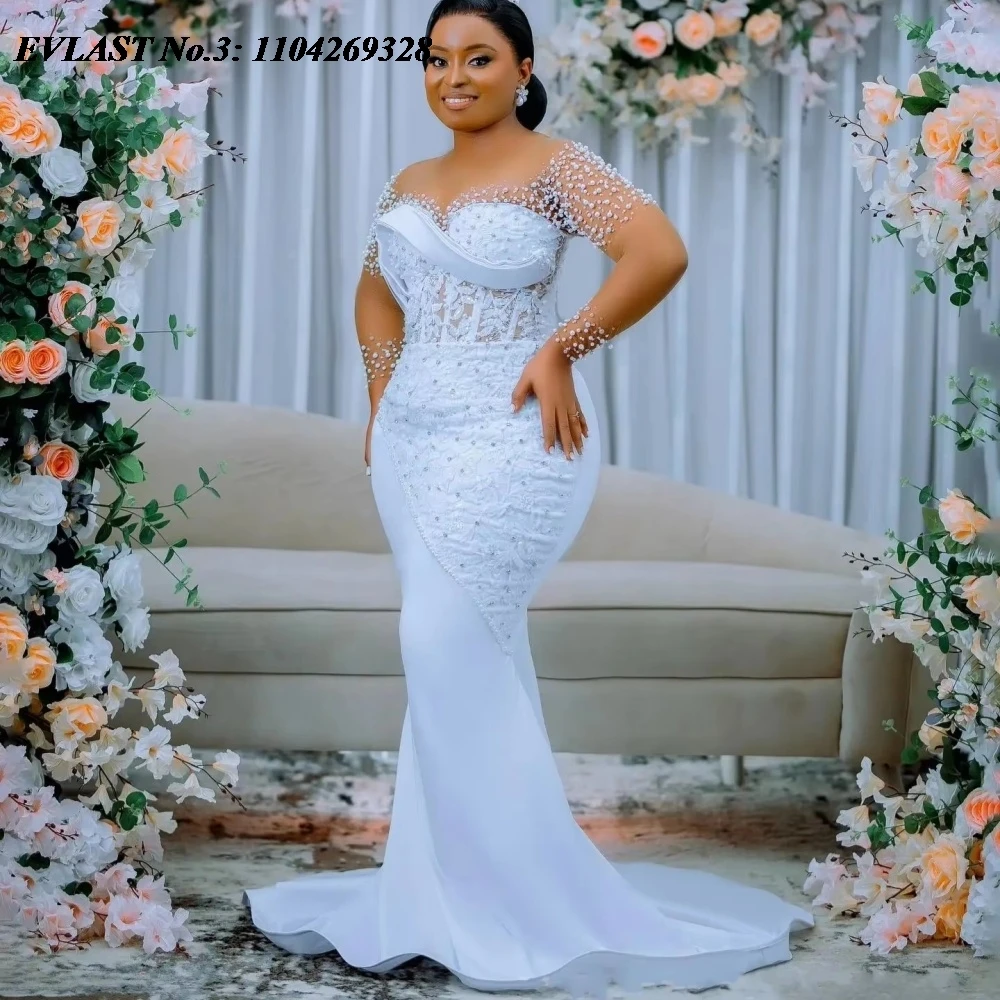 

EVLAST индивидуальное африканское свадебное платье с длинным рукавом, мусульманское кружевное платье с аппликацией из бисера, свадебное платье со съемным шлейфом De Mariee E3W65