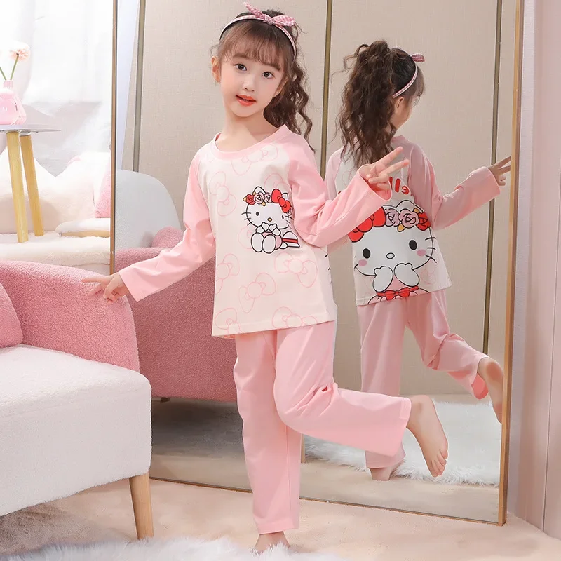 Sanrio cartoon Hello Kitty autumn new cotton children's pajamas cute Kulomi animation crew neck casual wear suit outside