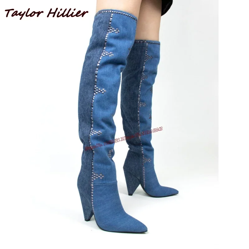 

Blue Denim Elegant Women'S Winter Shoes Pointed Toe Special Heel Slip-On Rivet Boots Woman 2024 Trend Offers Long Boots 41
