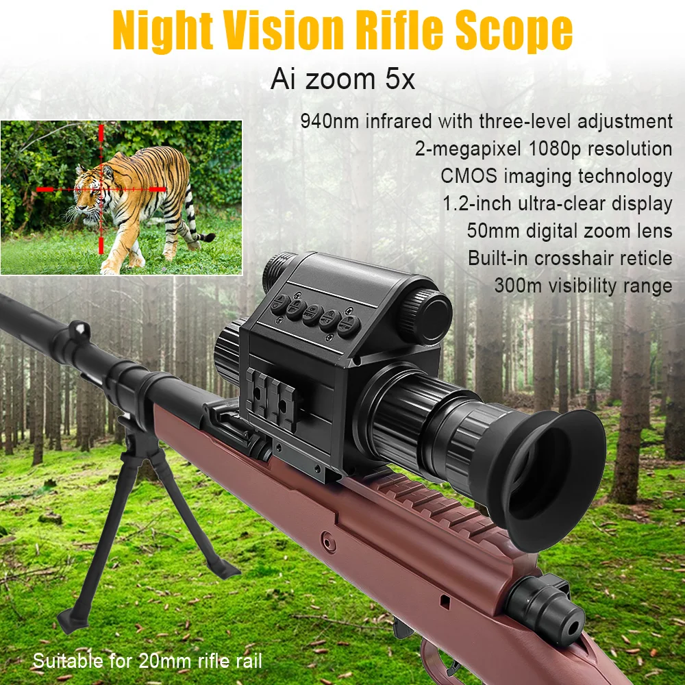 

Professional crosshair outdoor night vision sight, AI ZOOM 5X， Infrared all black visible 300 meter aluminum alloy camping