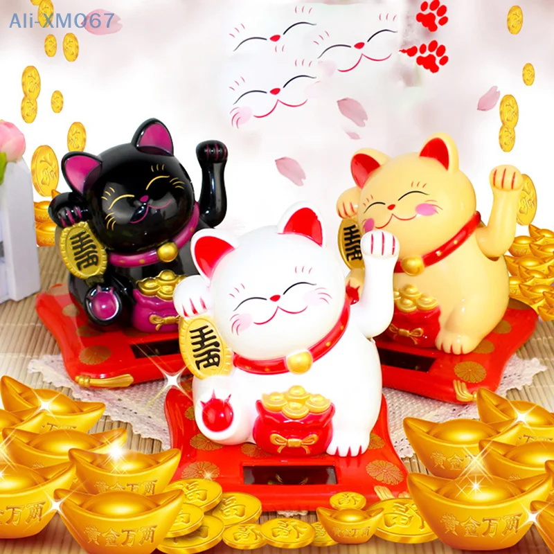 Solar Powered Maneki Neko Waving Arm Beckoning Fortune Cat Lucky Cat For Home Office And Car Decor