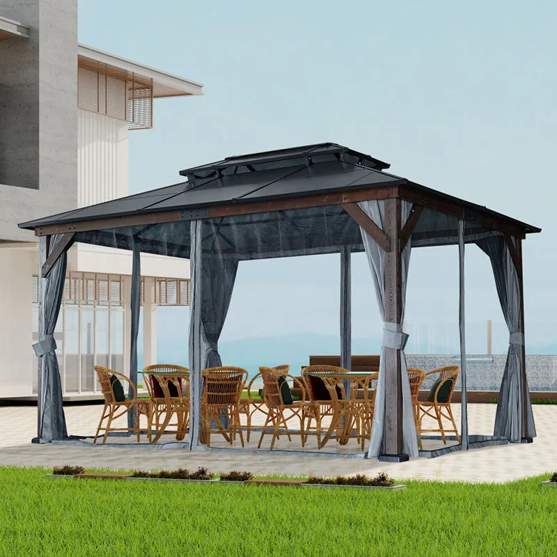 

Hardtop Wood Gazebo Patios Outdoor Framed Gazebo Polycarbonate Double Roof Canopy Solid Wooden Framed Gazebo Privacy Curtains