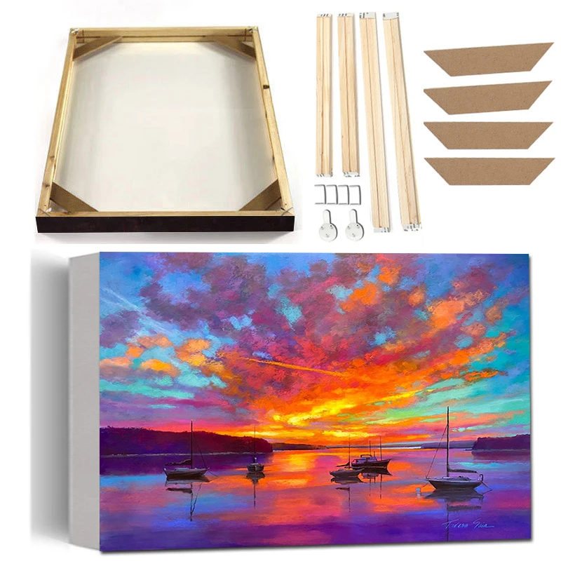 Hand Made Famous Artwork Landscape Oil Painting on Canvas with Frame Sailing Boat Sunset Rural View Poster Wall Art Picture