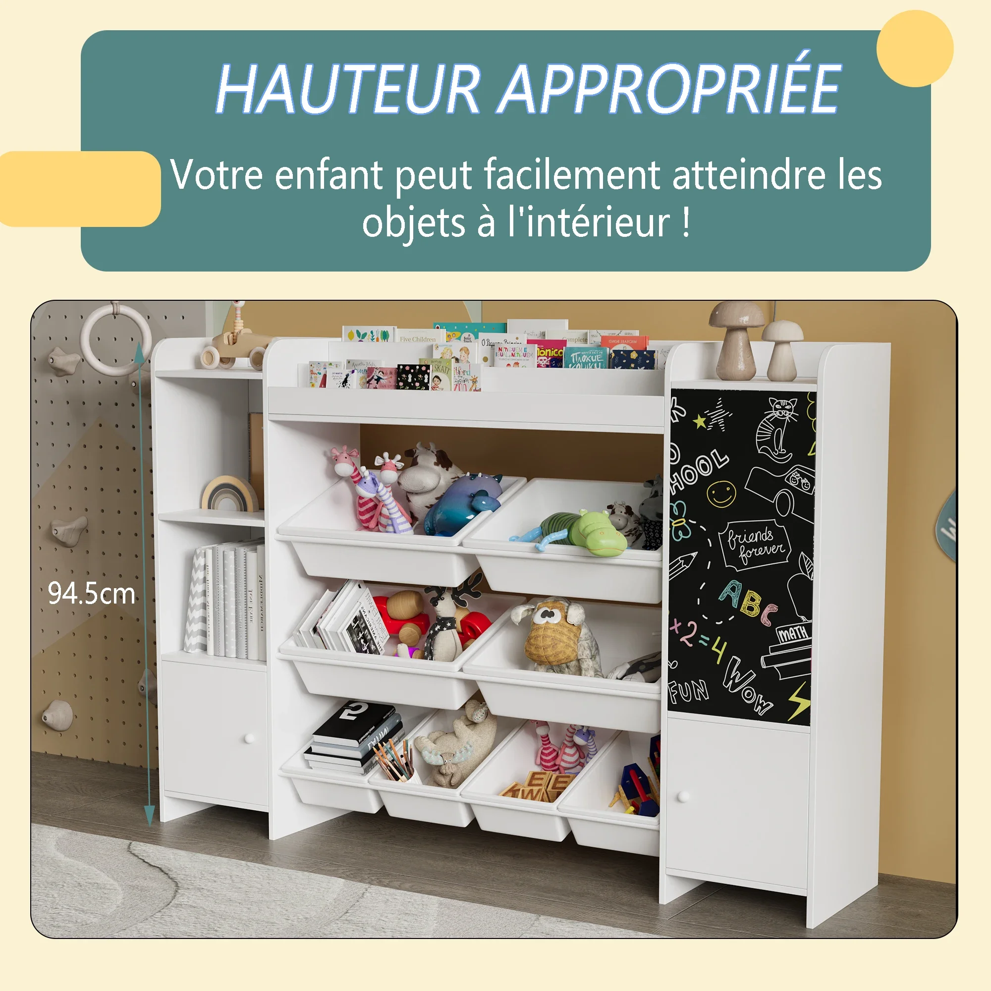 Rosahqnda Kinderbücherregal، Aufbewahrungsregal fazer Spielzeug und Bücher، mit 8 Boxen، mit Tafel، 137 × 30 × 94,5 سم
