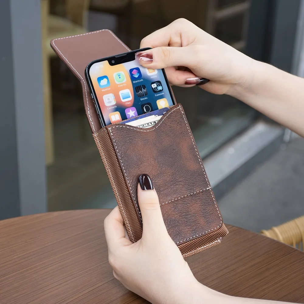 PU leather vertical style mobile phone waist bag with belt magnetic buckle and card slot, multi-functional men's waist bag