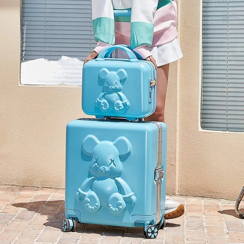 18 inch Bear Suitcase for Children Aluminum Frame 20-Inch Carry-on Cabin Suitcase Zipper Mini Trolley Case Suitcase Sets