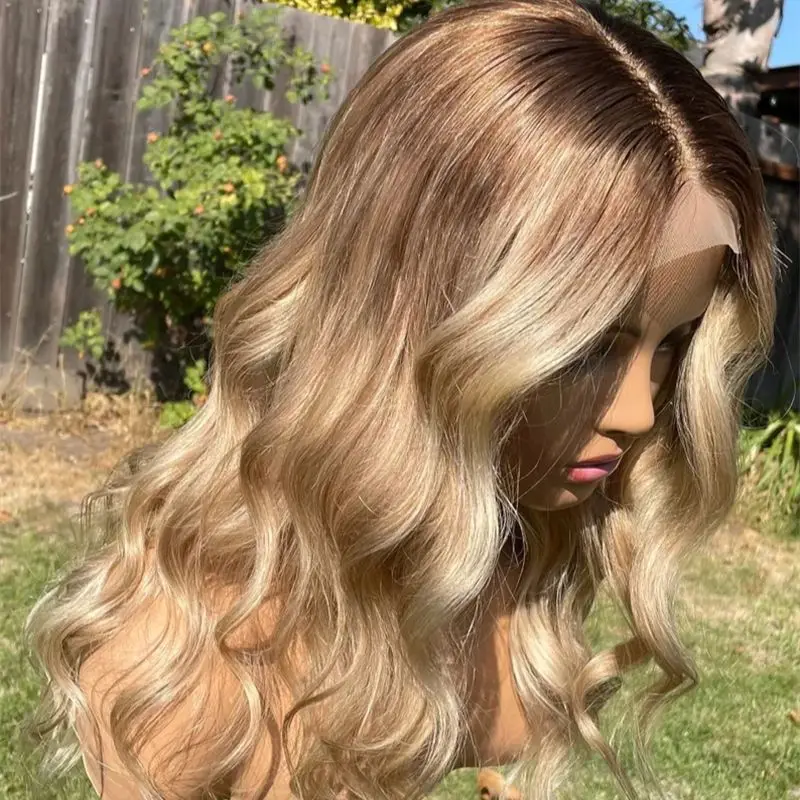 Perruque Full Lace Frontal Wig 100% naturelle, cheveux humains, 13x4, balayage, blond gênant, racines brunes, dentelle suisse transparente