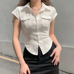 Skinny Uniform Short Sleeve Shirts Women Korean Turndown Collar Pockets White T-Shirt Slim Fit Single-Breasted OL Woman Clothes