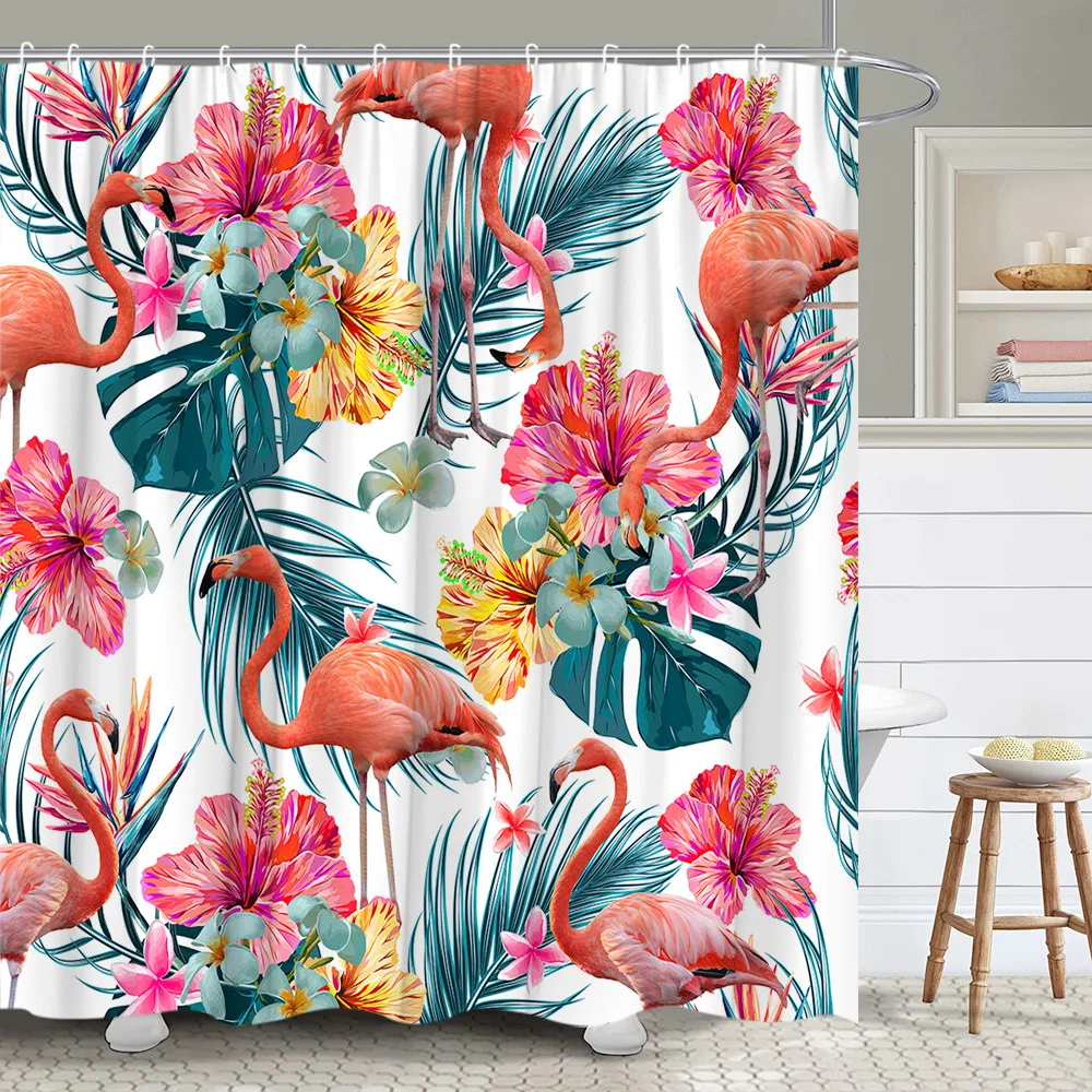 Greenery Palm Leaf Shower Curtain Tropical Flower Flamingo Watercolor Landscape Jungle Polyester Fabric Bathroom Decor Curtain