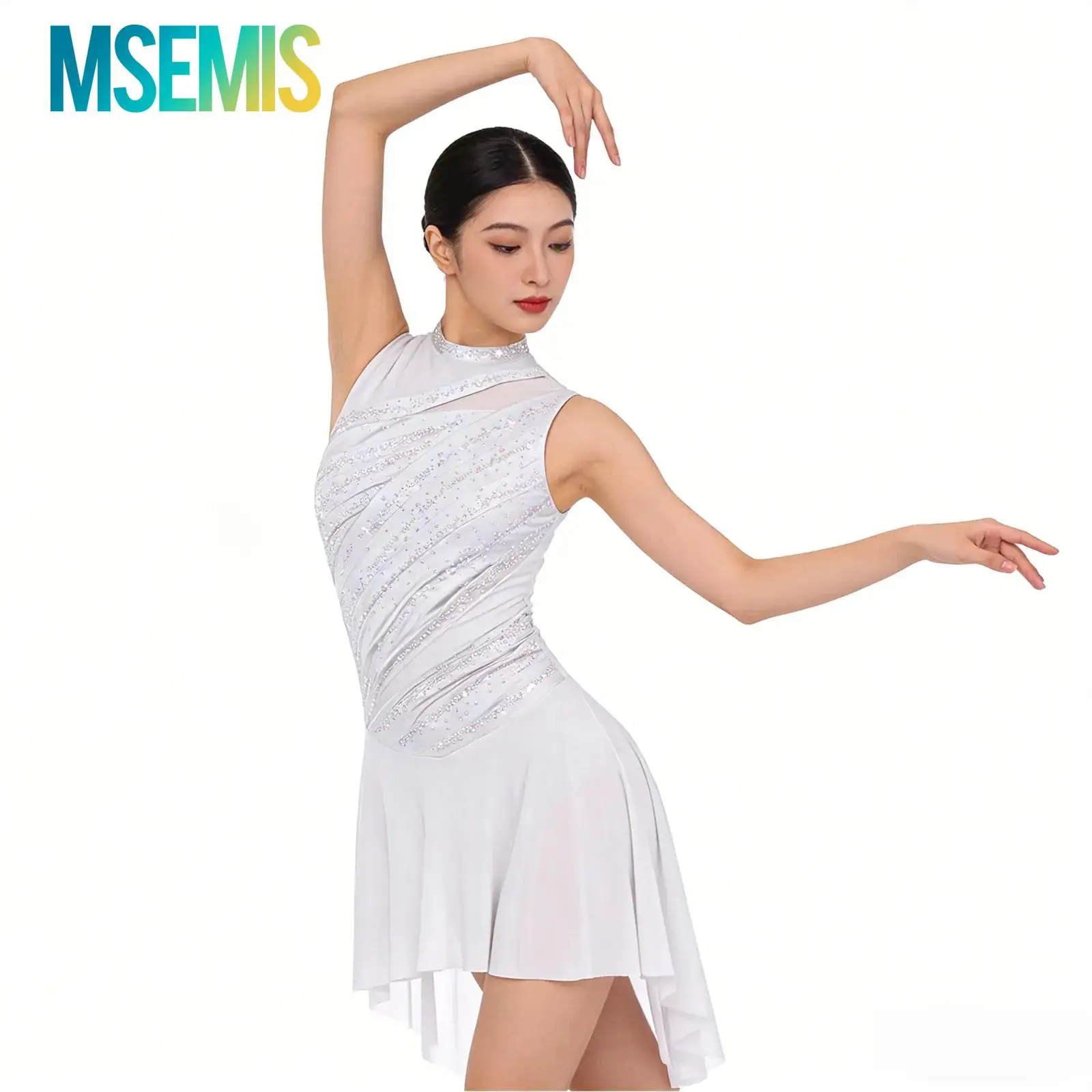 Womens Rhinestone Ruched Ballet Lyrical Dance Performance Costume Gymnastics Leotards Figure Skating Contemporary Dance Dress