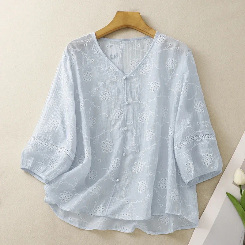 

Women's Floral Embroidery Blouse V-neck 3/4 Sleeve Casual Summer Loose Shirt