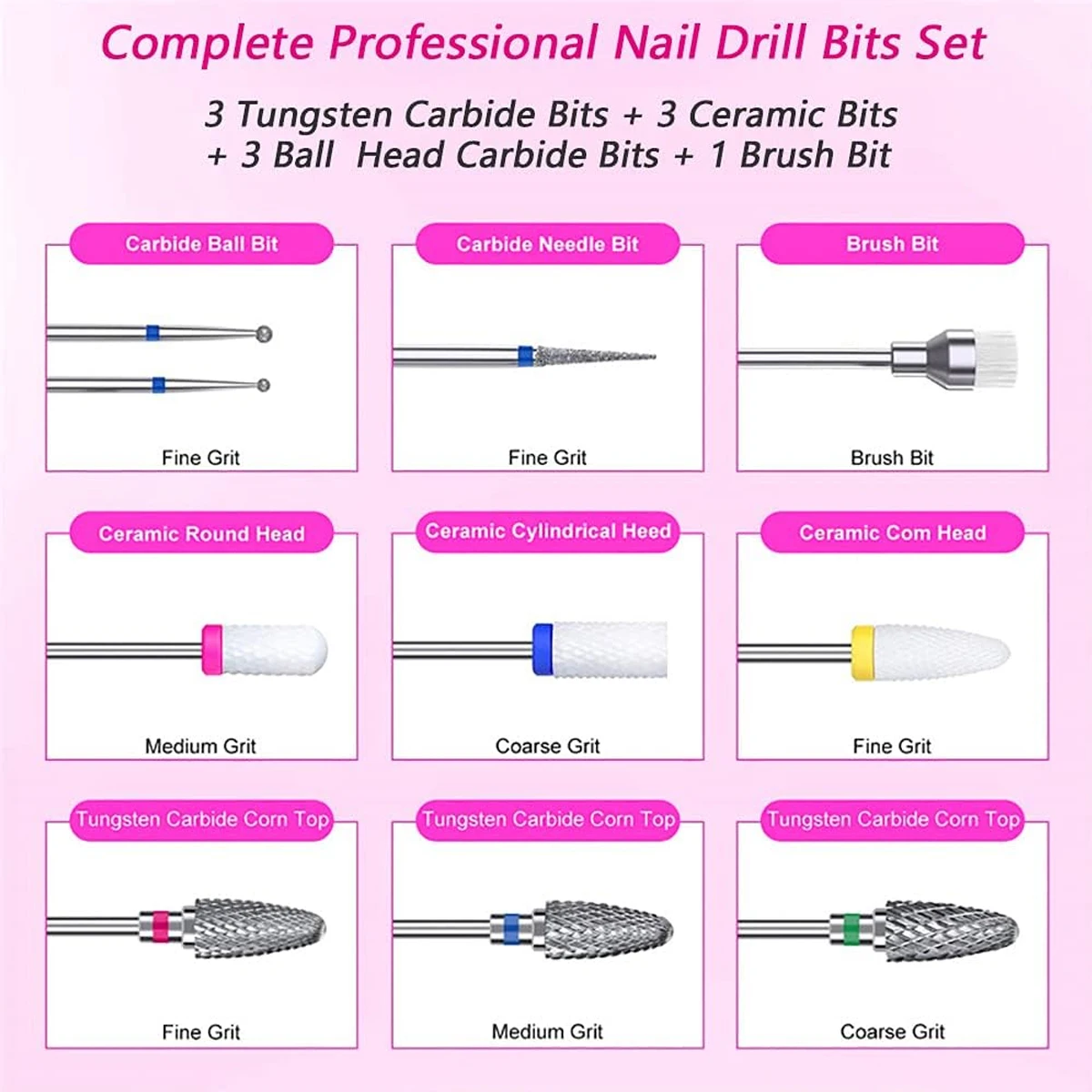 10 قطعة لقم أظافر لحفر الأظافر، لقم ثقب سيراميك لمجموعات الأظافر من الأكريليك، لقم مثقاب البشرة لقم مزيل كربيد الأظافر