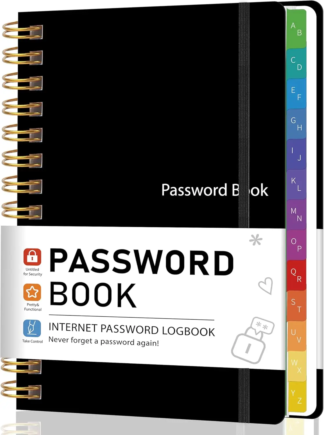 

Spiral Password Book with Alphabetical Tabs, 5.8" x 8.2" Password Keeper for Seniors, Large Print, Inner Pocket, Internet Password Organizer for Home Office, Family, Black