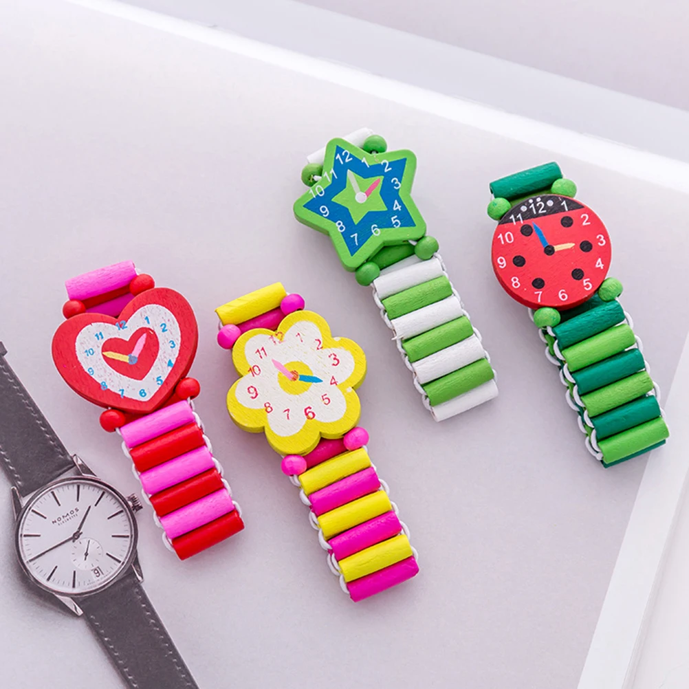 

4pcs Children's Watch Toys Wood Wristwatches Simulation Cartoon Colorful Kids Watches Environmental Paint Rich