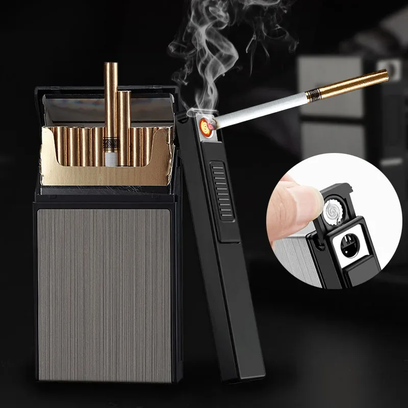 Removable Cigarette Case Box With USB Electronic Lighter for Slim 20pcs Holder Tobacco Windproof Tungsten Plasma Arc Lighter