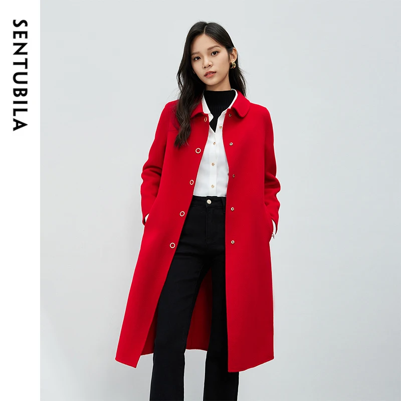 

SENTUBILA 100% Wool Coat for Women 2024 Winter Loose Fit Fashion Double Sided Single Breasted Ladies Long Coat W44O54815C