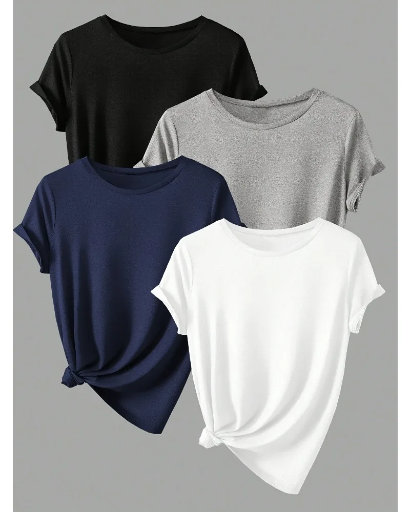 

Одежда больших размеров, однотонная футболка, 4 шт., повседневная футболка с круглым вырезом и короткими рукавами на весну и лето, женская одежда, топы больших размеров